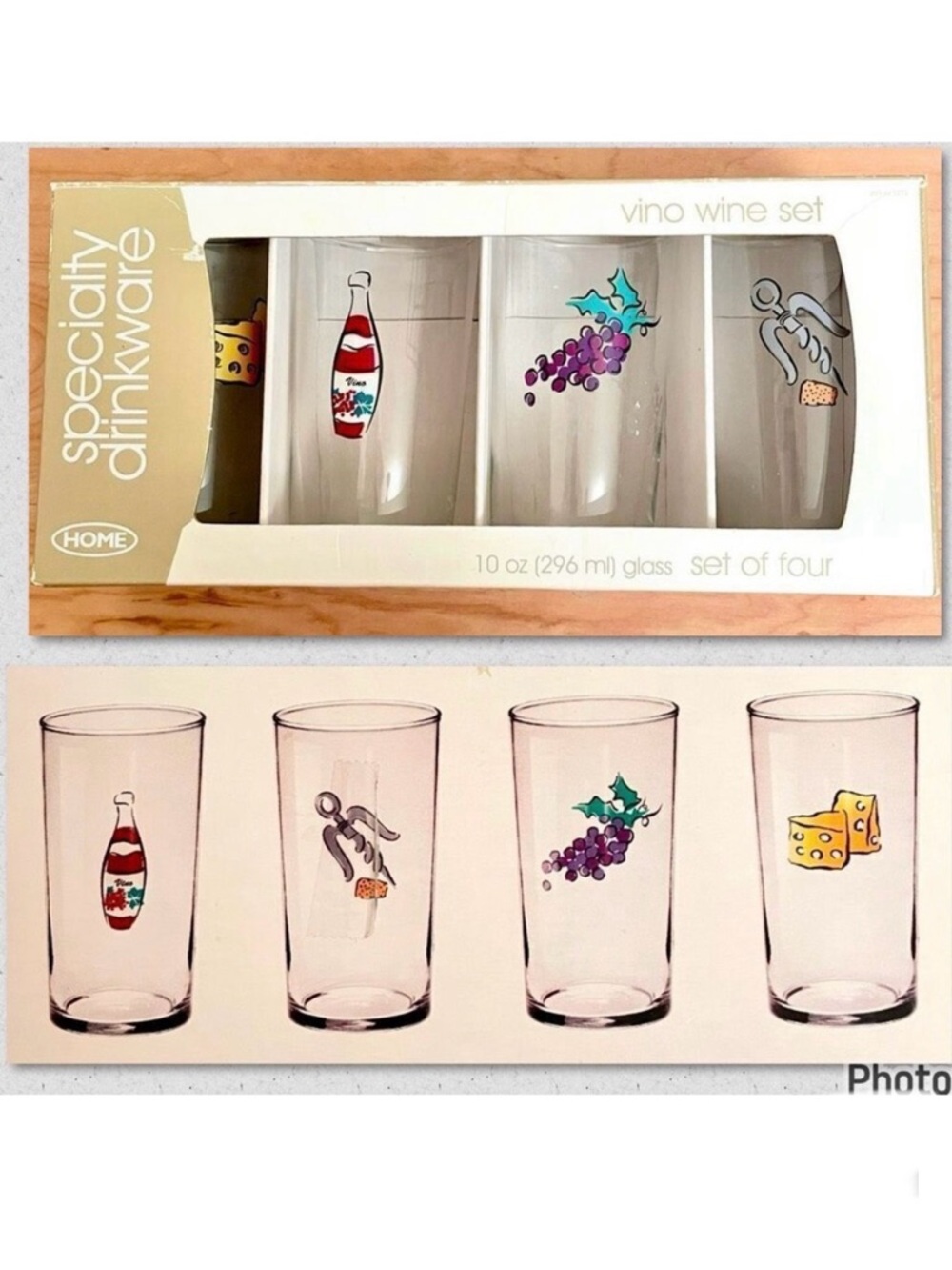 NWT HOME Speciality Drinkware set of 4 Graphic Tall vino theme wine 10oz Glasses
